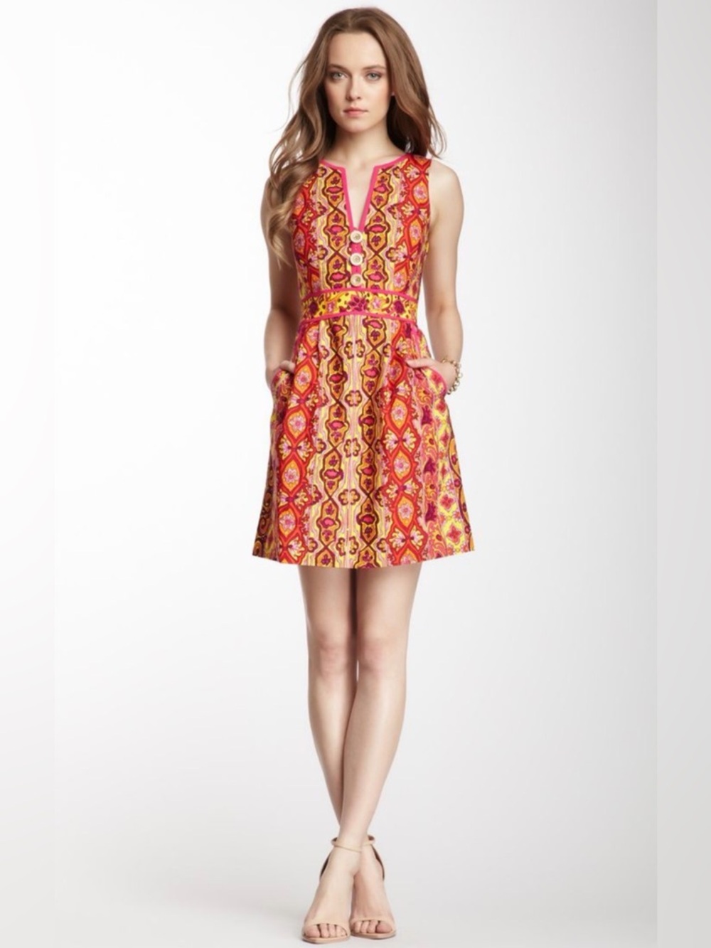 Nanette Lepore Pink and Yellow Printed Fit-and-Flare Mini Dress Size 6